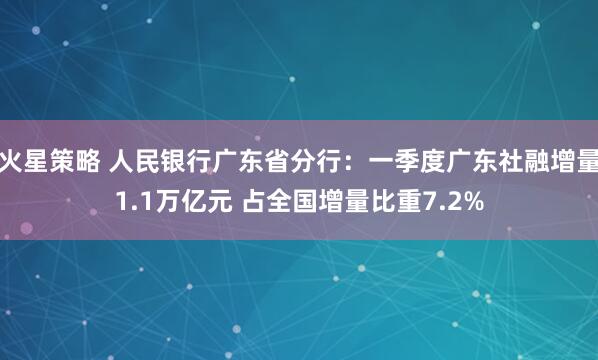 火星策略 人民银行广东省分行：一季度广东社融增量1.1万亿元 占全国增量比重7.2%